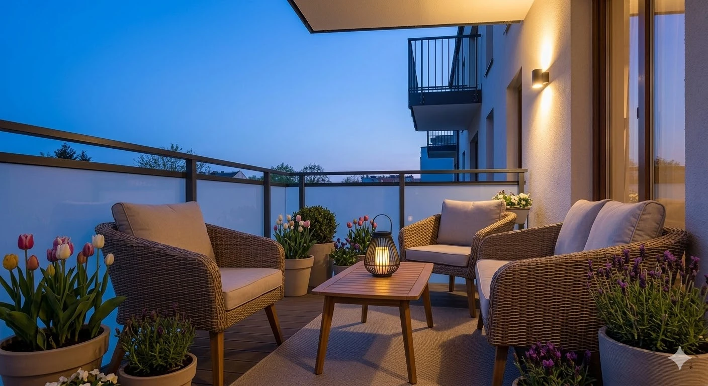 Oświetlenie balkonu - kinkiet i lampka na stoliku