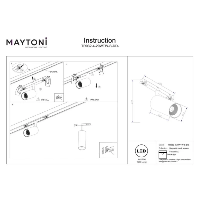 Focus LED lampa do szynoprzewodu magnetycznego Exility 20W 1200lm 2700K-6000K TR032-4-20WTW-S-DD-W