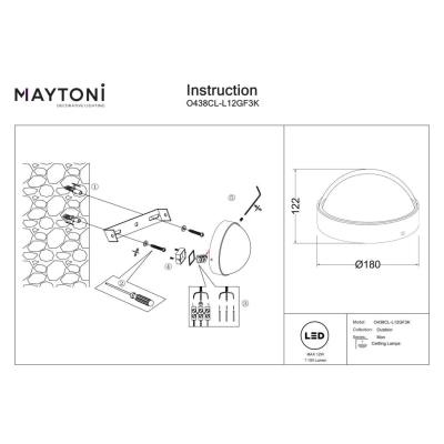 Mon lampa sufitowa IP65 LED 12W 1100lm 3000K O438CL-L12GF3K