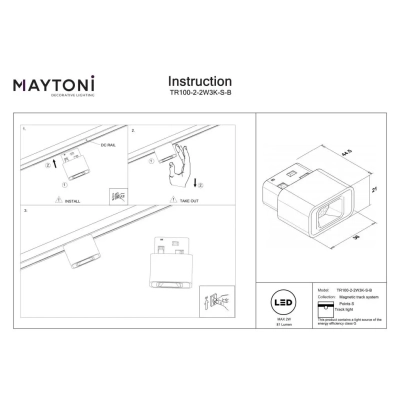 Points S lampa do szynoprzewodu magnetycznego Flarity LED 2W 81lm 3000K TR100-2-2W3K-S-B