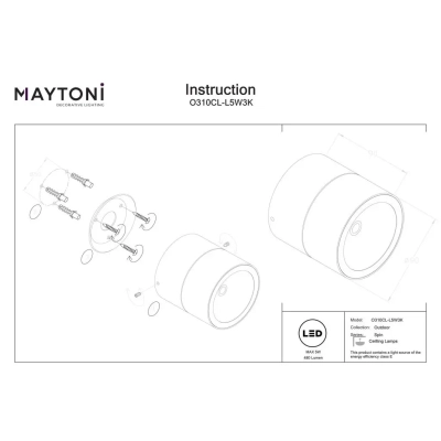 Spin lampa sufitowa IP54 LED 5W 480lm 3000K O310CL-L5W3K