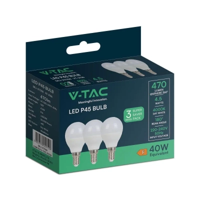 Żarówka LED E14 kulka P45 4,5W 470lm 4000K (opak. 3szt) VT-2156 V-TAC