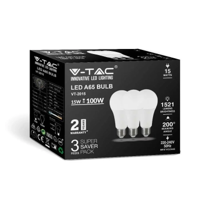Żarówka LED E27 A60 15W 1350lm 4000K (blister 3szt) VT-2015-3PC