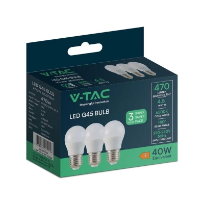 Żarówka LED E27 G45 kulka P45 4,5W 470lm 6500K (opak. 3szt) VT-2176 V-TAC