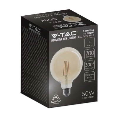 Żarówka LED E27 filament kula glob G125 bursztyn 8W 700lm 2200K ściemnialna VT-2018