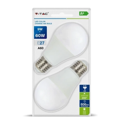 Żarówka LED E27 A60 9W 806lm CCT zmiana koloru 3xKlik (blister 2szt) VT-2149-B